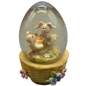 Vintage Easter Bunny Snow Globe Egg In Basket With Floral Accents READ